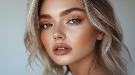 Fototapeta premium Stunning close-up portrait of a young woman with flawless skin and captivating eyes, showcasing natural beauty.