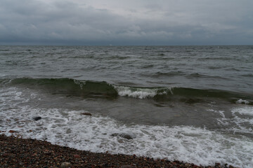 View of the Baltic Sea and a pebble beach on a cloudy summer day, Svetlogorsk, Kaliningrad region, Russia