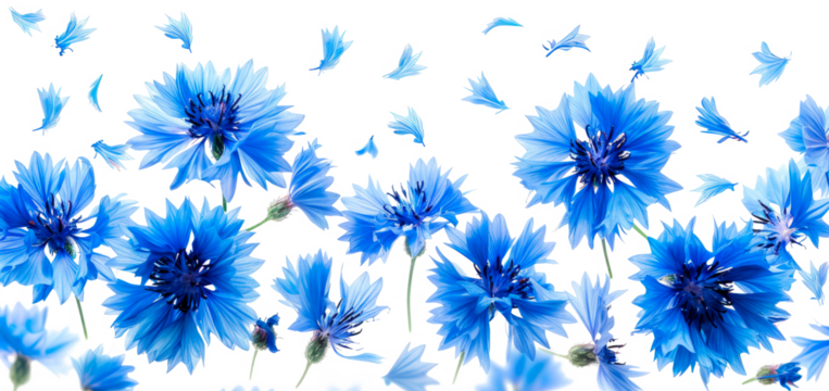 Vibrant blue cornflowers with scattered petals on a transparent background. Perfect for floral designs, nature-inspired art, or seasonal themes like spring and summer