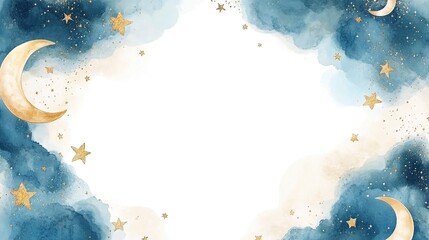A whimsical watercolor starry night frame with crescent moon