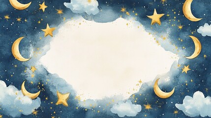 A whimsical watercolor starry night frame with crescent moon