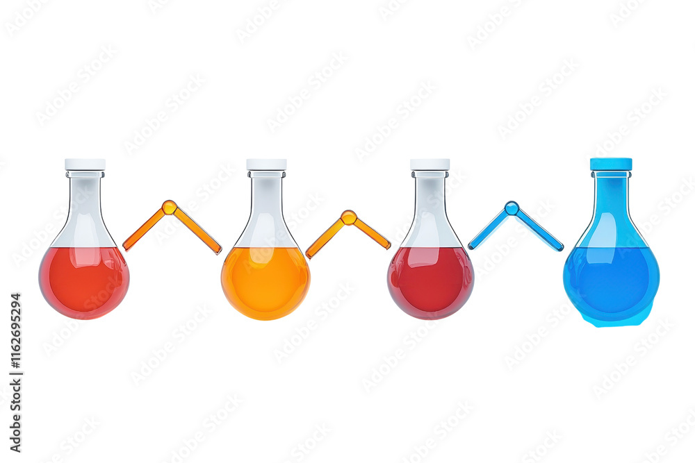 Poster a series of laboratory flasks filled with colorful liquids, showcasing a spectrum of colors from yel