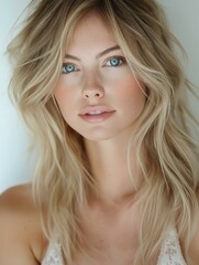 Fototapeta premium A close-up portrait of a beautiful person with natural makeup and flowing hair, showcasing a serene expression.