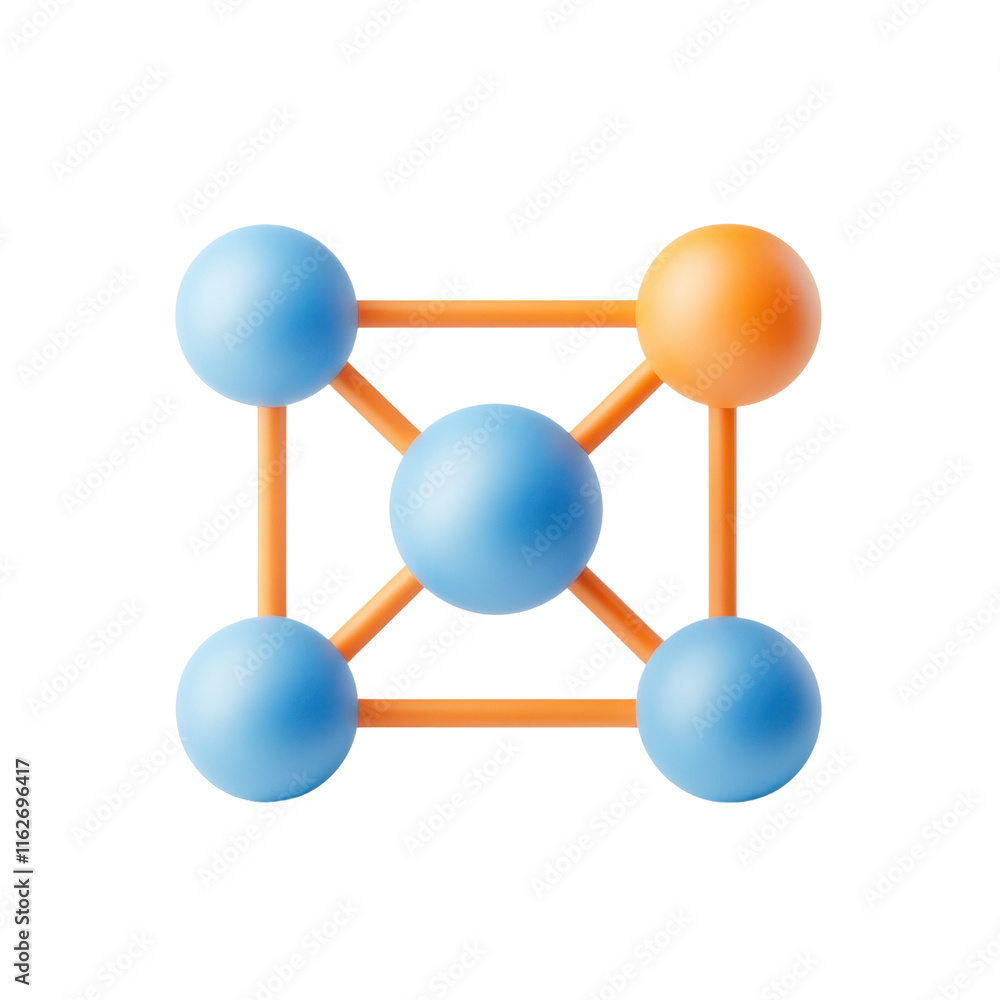 Poster a geometric structure featuring spheres connected by lines, showcasing a balanced arrangement of col