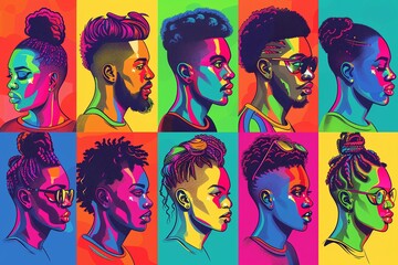 Vibrant pop art portraits of young Black men and women, showcasing diverse hairstyles and bold...