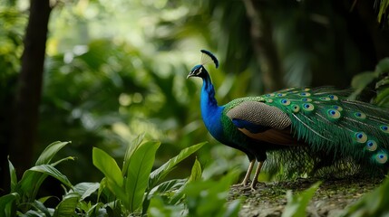 Obraz premium Majestic Peacock Displaying Vibrant Feathers in Tropical Rainforest Setting Surrounded by Lush Green Foliage and Exotic Plant Life