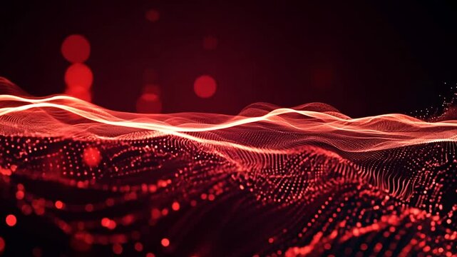 Abstract background with a red glowing wave moving on dark red dotted particles