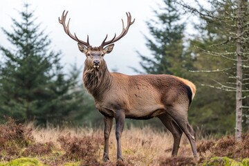 A large stag with impressive antlers stands proudly in a lush forest clearing. Surrounding conifer trees and soft grass create a peaceful ambiance in the early morning light.