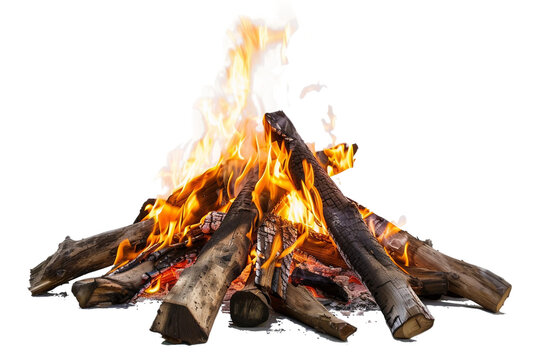 Bright and intense campfire flames in a woodland setting isolated on transparent background - Powered by Adobe