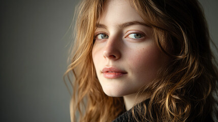 Fototapeta premium Young woman with wavy hair gazes thoughtfully at the camera in a soft light setting