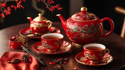 Fototapeta premium Traditional Chinese tea set on a decorated table for New Years celebrations, with red and gold elements, and space for text in a clean studio background