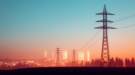 Serene Dusk Over Power Lines and Urban Skyline with Twilight Hues, Showcasing the Fusion of Nature and Infrastructure in a Beautiful Landscape