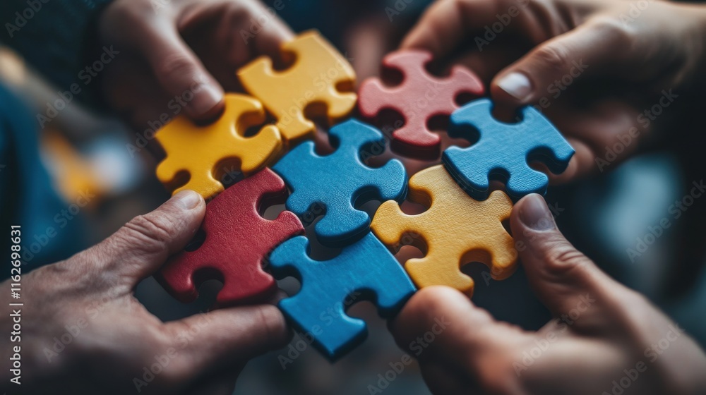 Poster hands are joining colorful puzzle pieces together symbolizing teamwork, collaboration, and problem-s