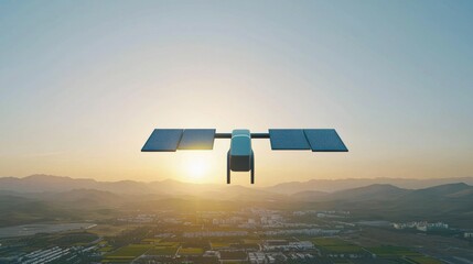 Solar-Powered Satellite Orbiting Above Rural Landscape at Sunset with Mountains in Background and Clear Sky Enhancing Futuristic Technology Concept