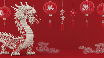 Chinese New Year is filled with vibrant symbolism. Red Dragon with Lanterns and Chinese Decorations in Background