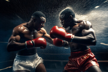 Action-packed shot of two boxers in mid-fight, one boxer dodging a punch with perfect form, intense expressions and motion blur to emphasize speed.