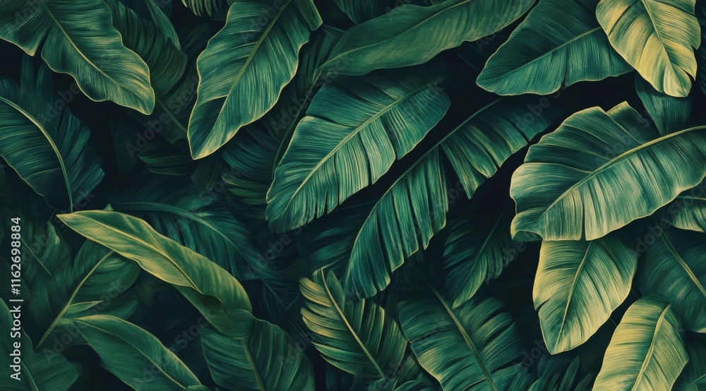 Poster close-up of banana leaves texture background, tropical leaf pattern for design element.