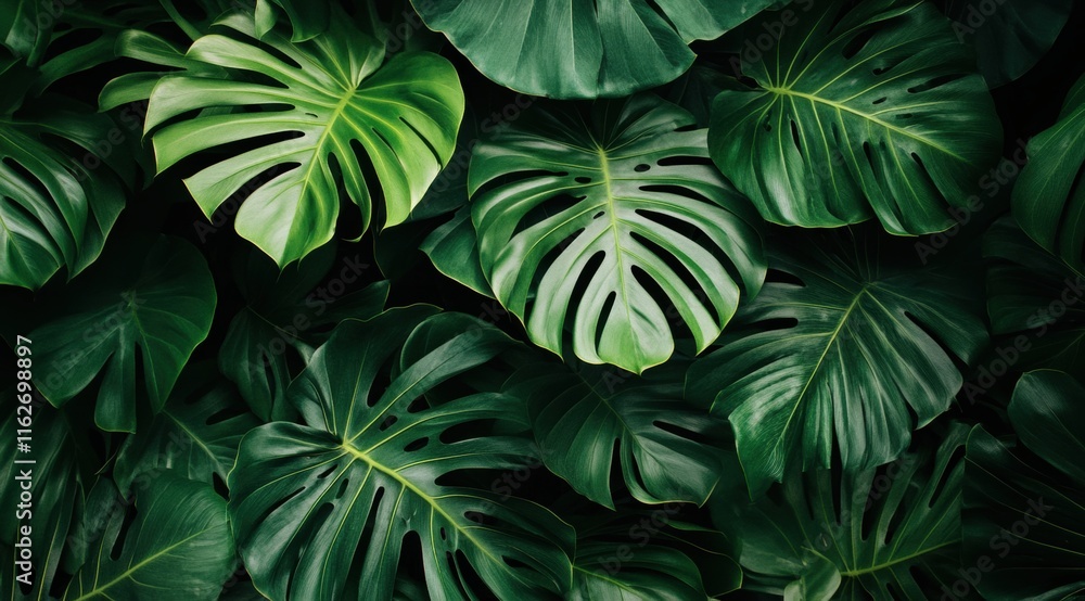 Poster close-up of banana leaves texture background, tropical leaf pattern for design element.