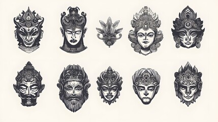 Intricate Ornate Masks Depicting Deities Faces