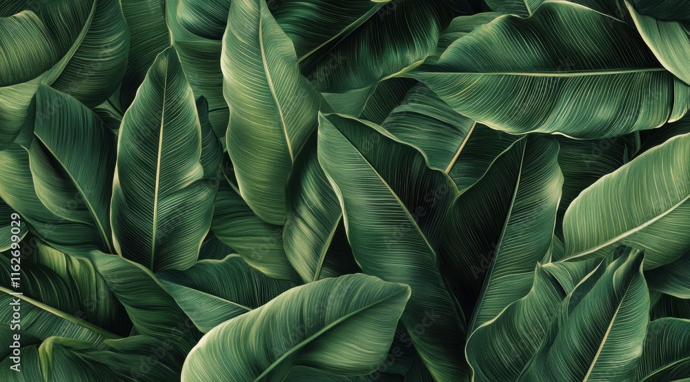 Poster close-up of banana leaves texture background, tropical leaf pattern for design element.