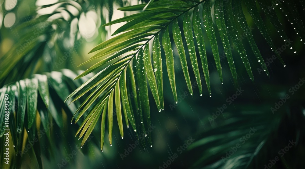 Poster close-up of raindrops on the edge of green palm leaves, creating an abstract and calming composition