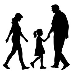  a young daughter walking hand in hand with her mom and dad with silhouette black colour with white background