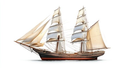 Naklejka premium A detailed depiction of a classic sailing ship with multiple sails and a wooden hull.