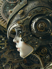 A beautiful female robot with gears and cogs, wearing headphones, standing in front of an elaborate steampunk background.