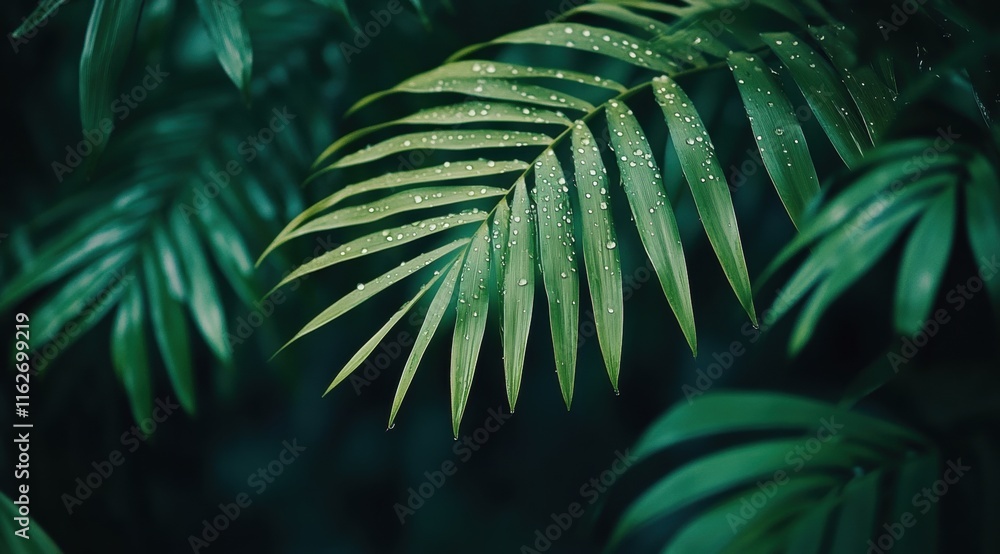 Poster close-up of raindrops on the edge of green palm leaves, creating an abstract and calming composition