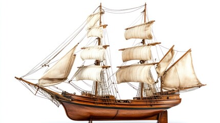 A detailed model of a classic sailing ship with multiple sails and intricate woodwork.