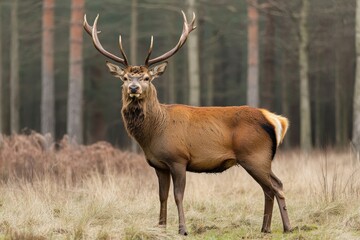 Obraz premium A strong stag showcases its impressive antlers while standing gracefully in a peaceful forest. Soft light highlights the rich autumn colors of the landscape.