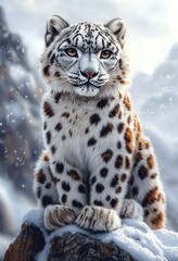 Fototapeta premium Majestic snow leopard sitting on a snowy rock, winter mountain backdrop.