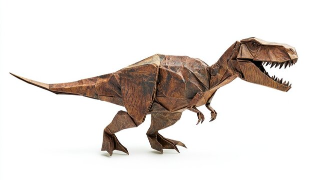 A detailed origami representation of a Tyrannosaurus rex dinosaur.
