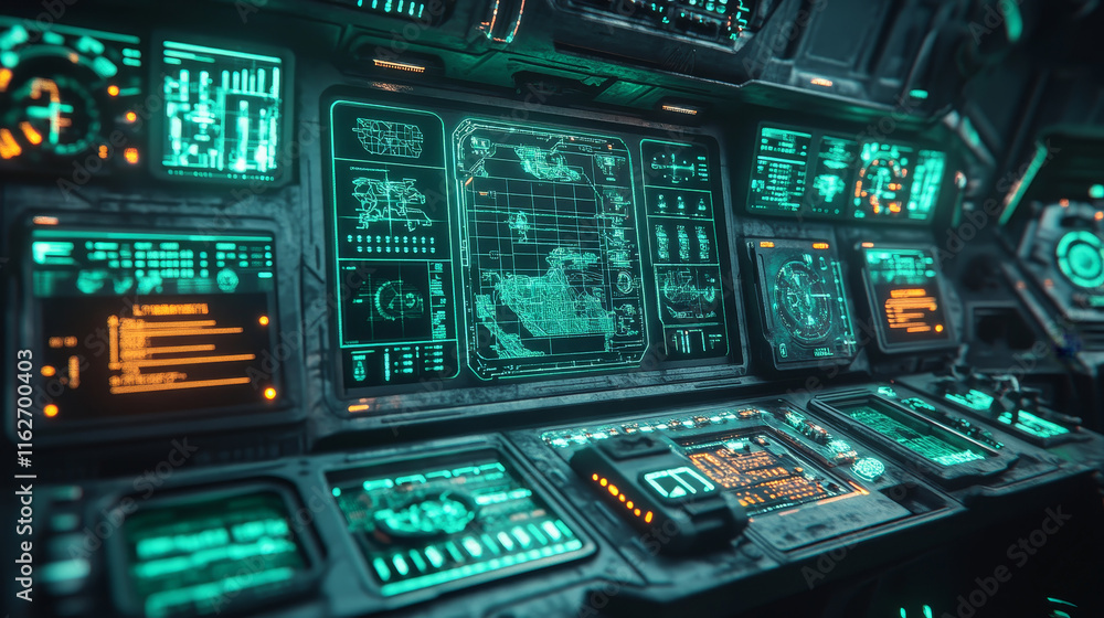 Poster hud military radar or sonar display screen interface of submarine, ship and airplane navigation. fut