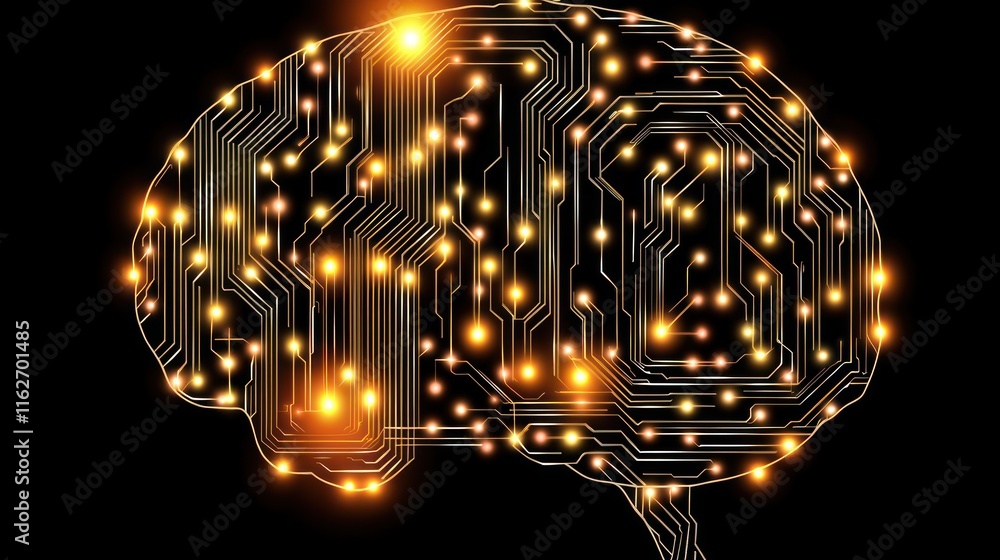 Poster a digital brain composed of circuit patterns and glowing lights, symbolizing technology and intellig
