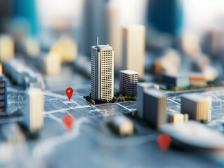 Spatial Analysis Concept. Sophisticated urban planning map with multi layered buildings and markers