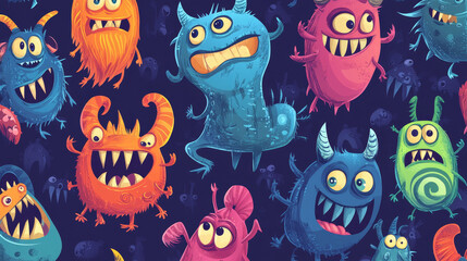 Cartoon monster characters seamless pattern, vector background with funny alien creatures. Cute bizarre monsters pattern of happy smiling mutants, goblin yeti or bigfoot, furry cyclops and gremlin
