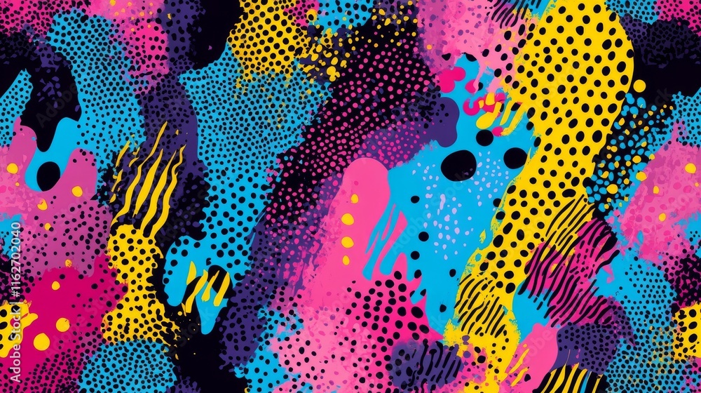 Poster vibrant pop art style abstract background featuring colorful spotty patterns with dynamic memphis te