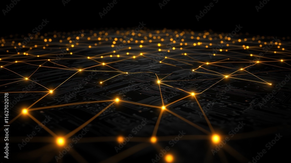 Poster a digital network visualization with glowing connections over a dark surface.