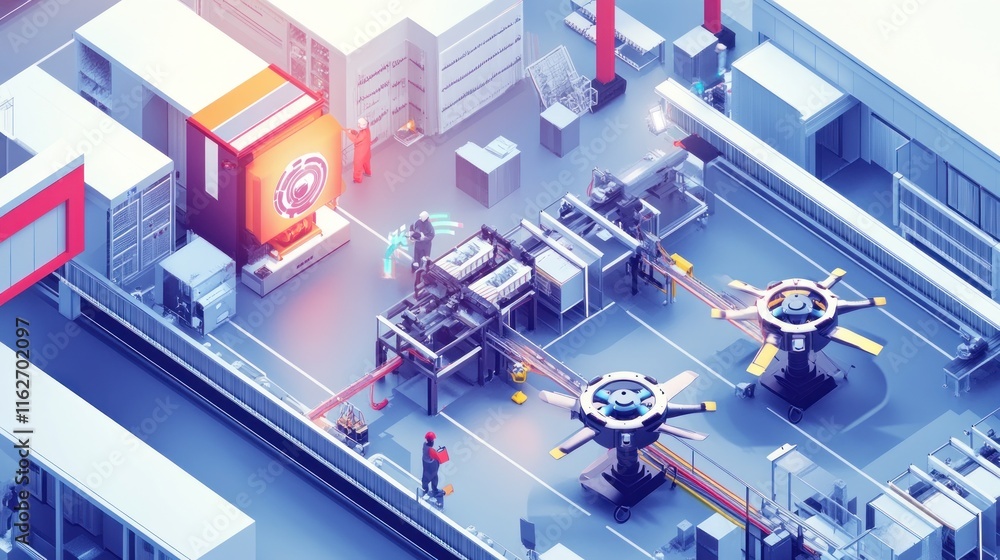 Poster a digital rendering of a modern automated manufacturing facility with machinery and workers.