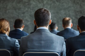 Obraz premium A diverse group of professionals dressed in business attire sits facing away in a conference room while a speaker presents in front of them. The focus is on their attentive posture and engagement.