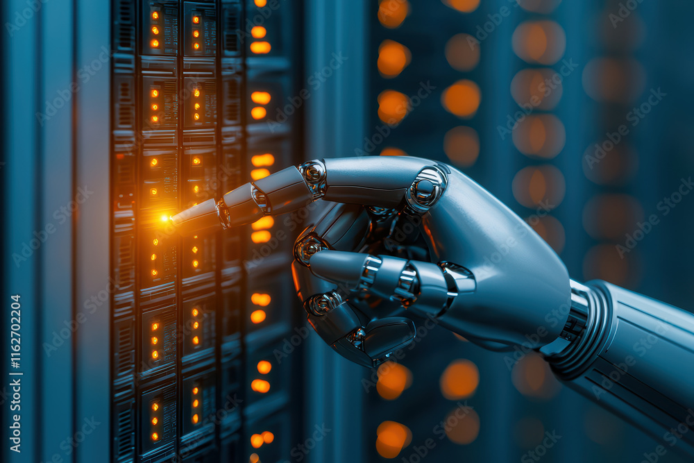 Poster robotic hand interacts with compact server, illuminating lights. scene captures blend of technology 