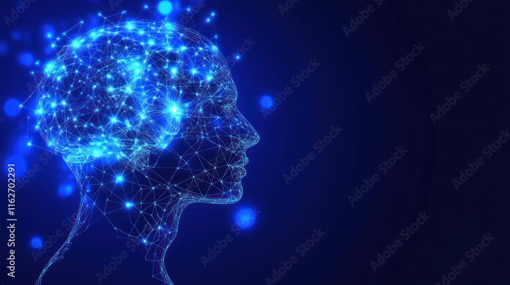 Poster a digital representation of a human head with interconnected nodes, symbolizing intelligence.