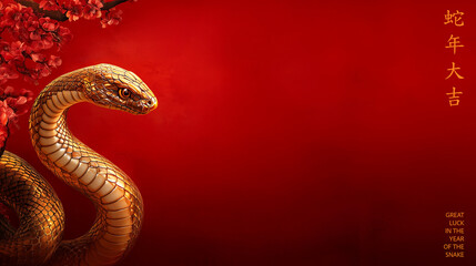 Obraz premium Golden Snake with Cherry Blossoms on Red Background for Chinese New Year and Great Luck in the Year of the Snake Chinese Type