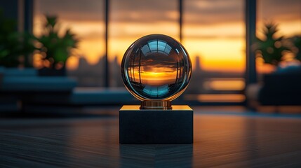 Crystal ball reflecting sunset cityscape in modern interior.