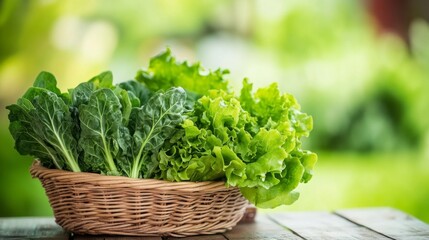 Naklejka premium Fresh Greens in a Basket on a Wooden Table