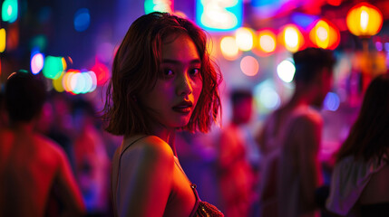 Artsy candid image of a sexy south east asian woman short hair night light tank top in nightlife club full moon party neon dark hot sweaty
