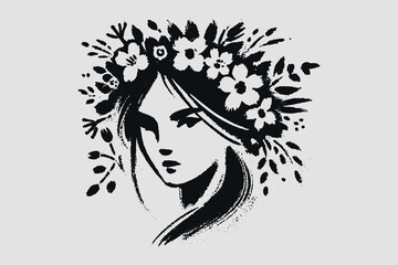 Minimalistic hand drawn portrait of Ukrainian woman with wreath in brush style
