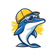 Naklejka premium Playful dolphin logo illustration wearing sunglasses, symbolizing fun, summer vibes, and relaxation