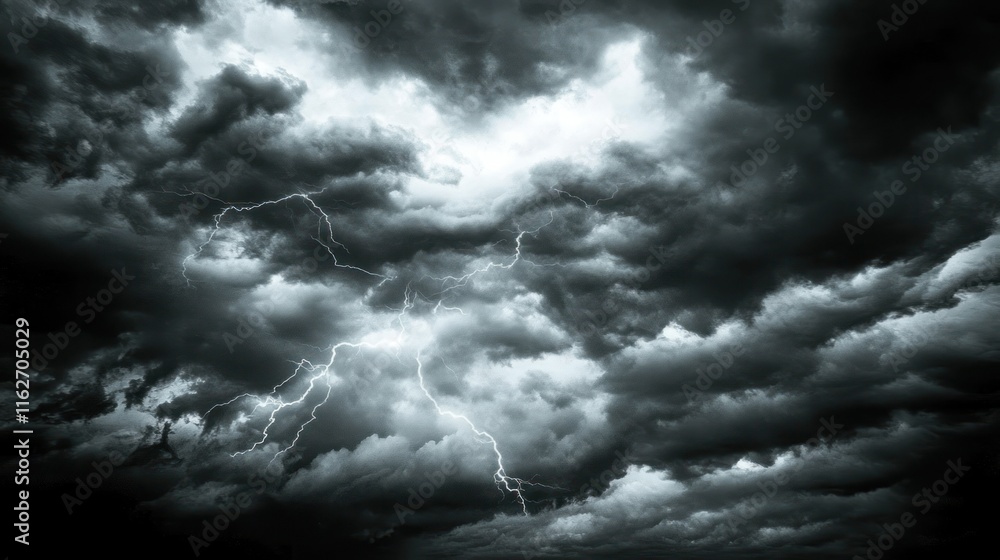 Poster a dramatic sky filled with dark clouds and lightning, evoking a sense of impending storm.